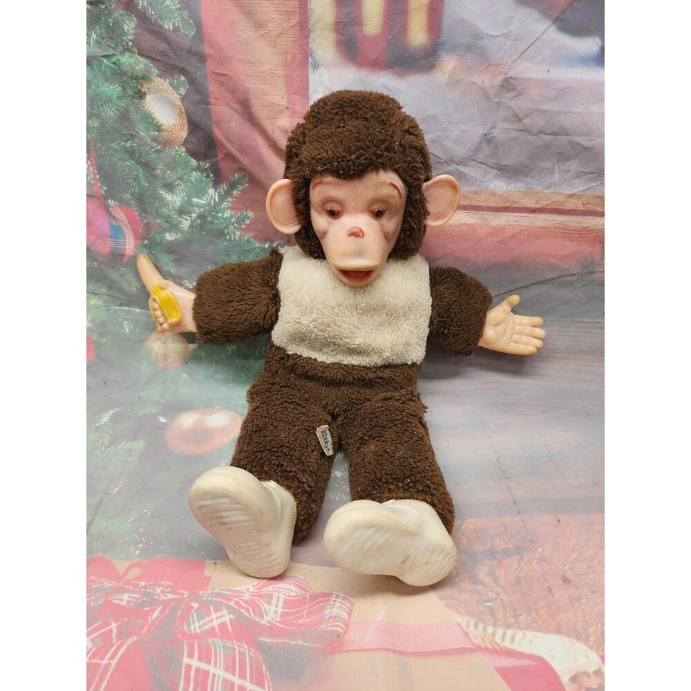 Vtg MONKEY Plush Rubber Face & Hands 15” ELKA TOYS Stuffed Chimp Rushton Style